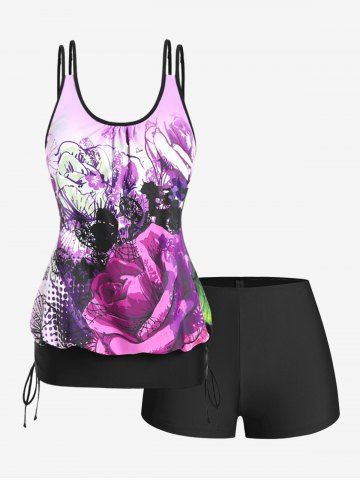 Plus Size Rose Printed Cinched Backless Padded Boyleg Blouson Tankini Swimsuit - PURPLE - L