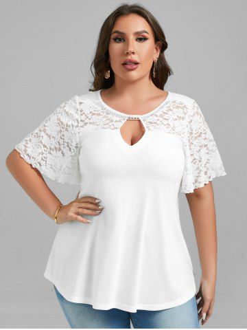 Plus Size Flutter Sleeves  Lace Panel Keyhole Tee - WHITE - L | US 12