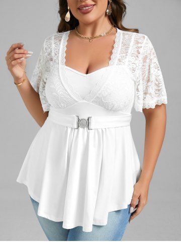 Plus Size Lace Panel Short Sleeves 2 in 1 Top - WHITE - M | US 10