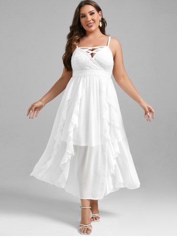 Plus Size Lace and Chiffon Ruffled Crisscross Maxi Sleeveless Wedding Dress - WHITE - 4X | US 26-28