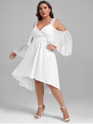 Plus Size Guipure Lace Panel Cold Shoulder High Low Midi Wedding Dress - WHITE - L | US 12