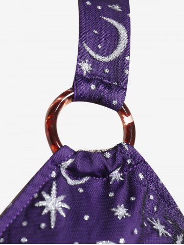 Plus Size O Rings Moon Sun Printed Backless Surplice Top