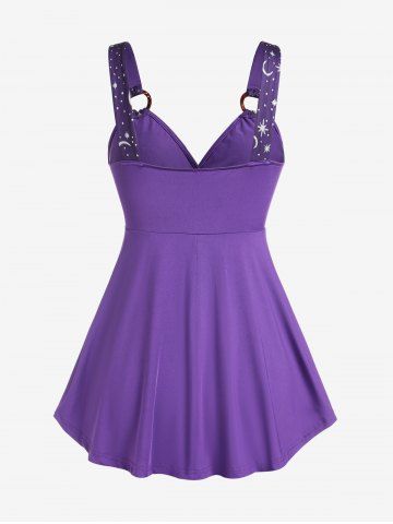 Plus Size O Rings Moon Sun Printed Backless Surplice Top