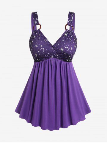 Plus Size O Rings Moon Sun Printed Backless Surplice Top