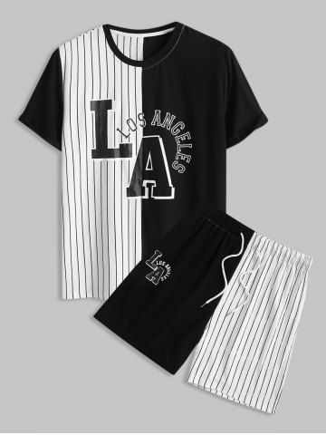 Letter LOS ANGELES Stripes Panel Colorblock T-shirt and Shorts Set - BLACK - M