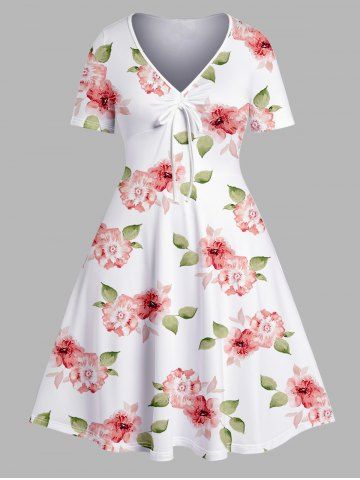 Plus Size Flower Leaf Print V Neck Tied Fresh Style A Line Midi Dress - WHITE - 1X