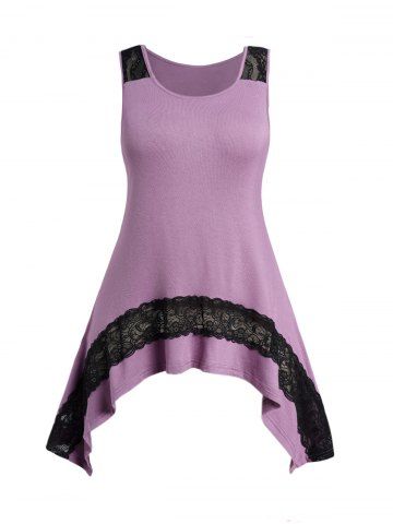 Plus Size Lace Panel Asymmetrical Hem Casual Tank Top - LIGHT PURPLE - 3X