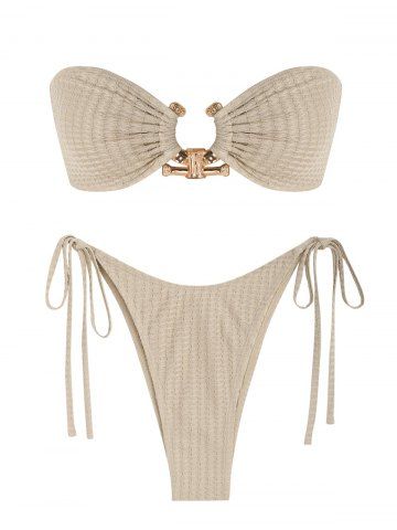 Metal Hardware O Ring Tie Side Textured Bandeau Bikini Swimwear - MULTI - XS