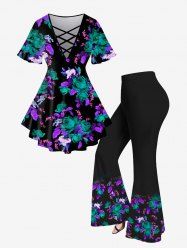 Plus Size Flower Leaves Printed Crisscross Short Sleeve T-Shirt and Flare Pants Outfit -  