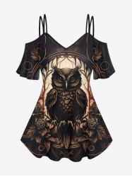 Gothic Owl Tree Flower Print Cold Shoulder T-shirt -  