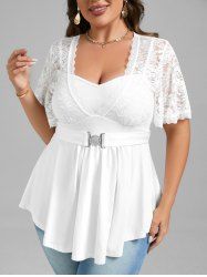 Plus Size Lace Panel Short Sleeves 2 in 1 Top -  