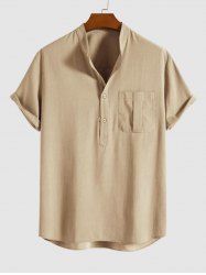 Stand Collor Half Button Cotton Linen Textured Solid Color Short Sleeves Plain Popover Shirt -  