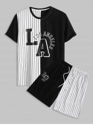 Letter LOS ANGELES Stripes Panel Colorblock T-shirt and Shorts Set -  