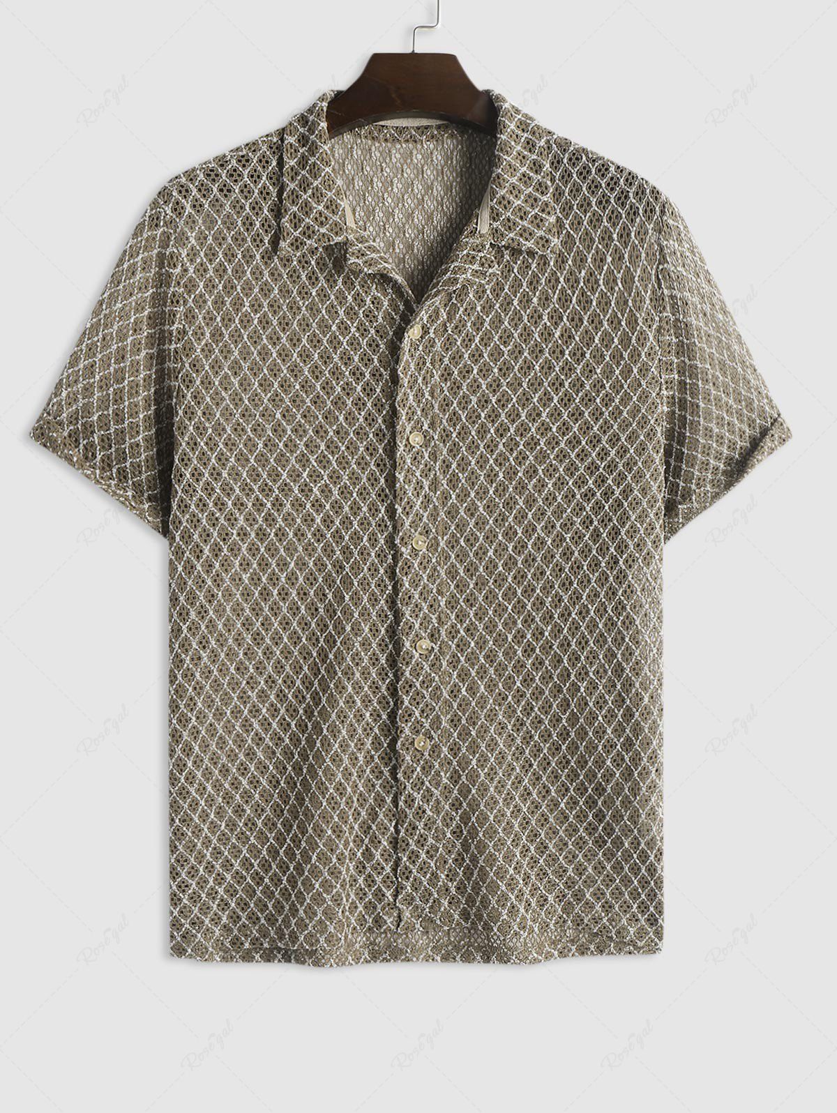 Hot Plaid Openwork Knit Button Up Short Sleeve Camp Collar Shirt  