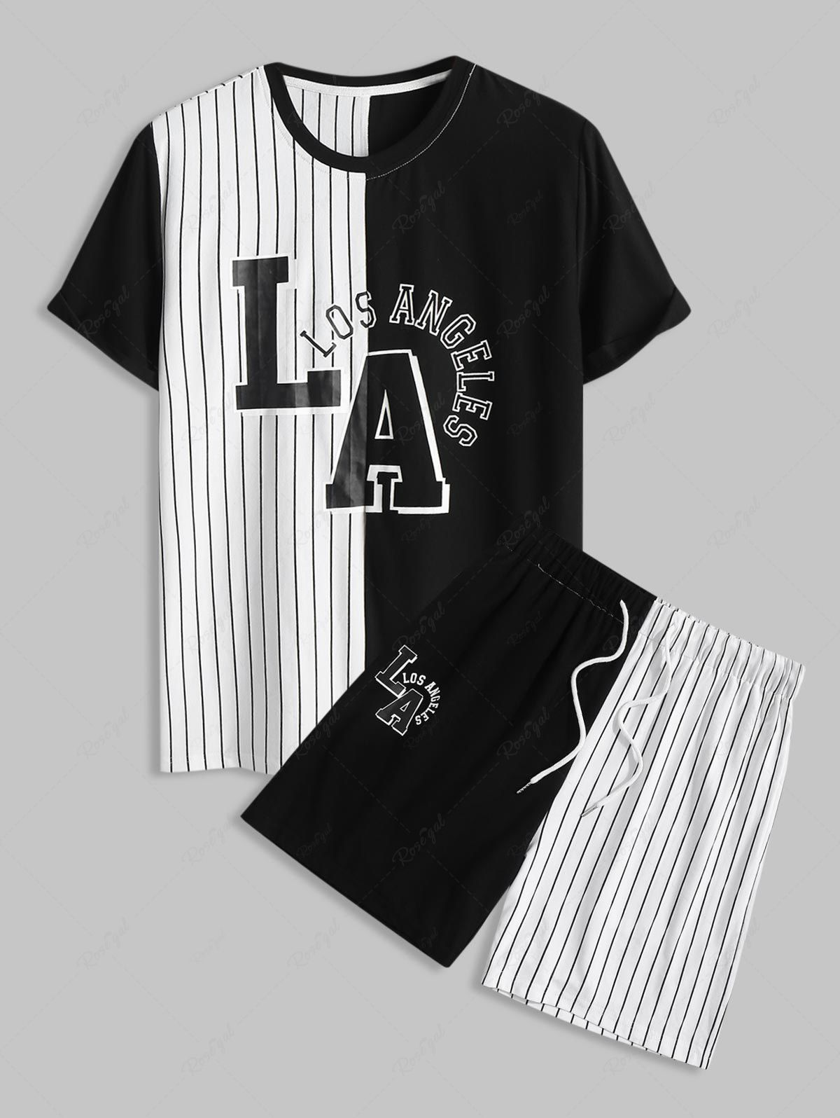 Buy Letter LOS ANGELES Stripes Panel Colorblock T-shirt and Shorts Set  