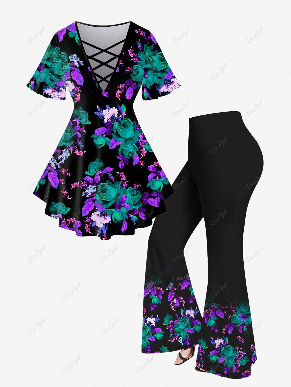 Discount Plus Size Flower Leaves Printed Crisscross Short Sleeve T-Shirt and Flare Pants Outfit  