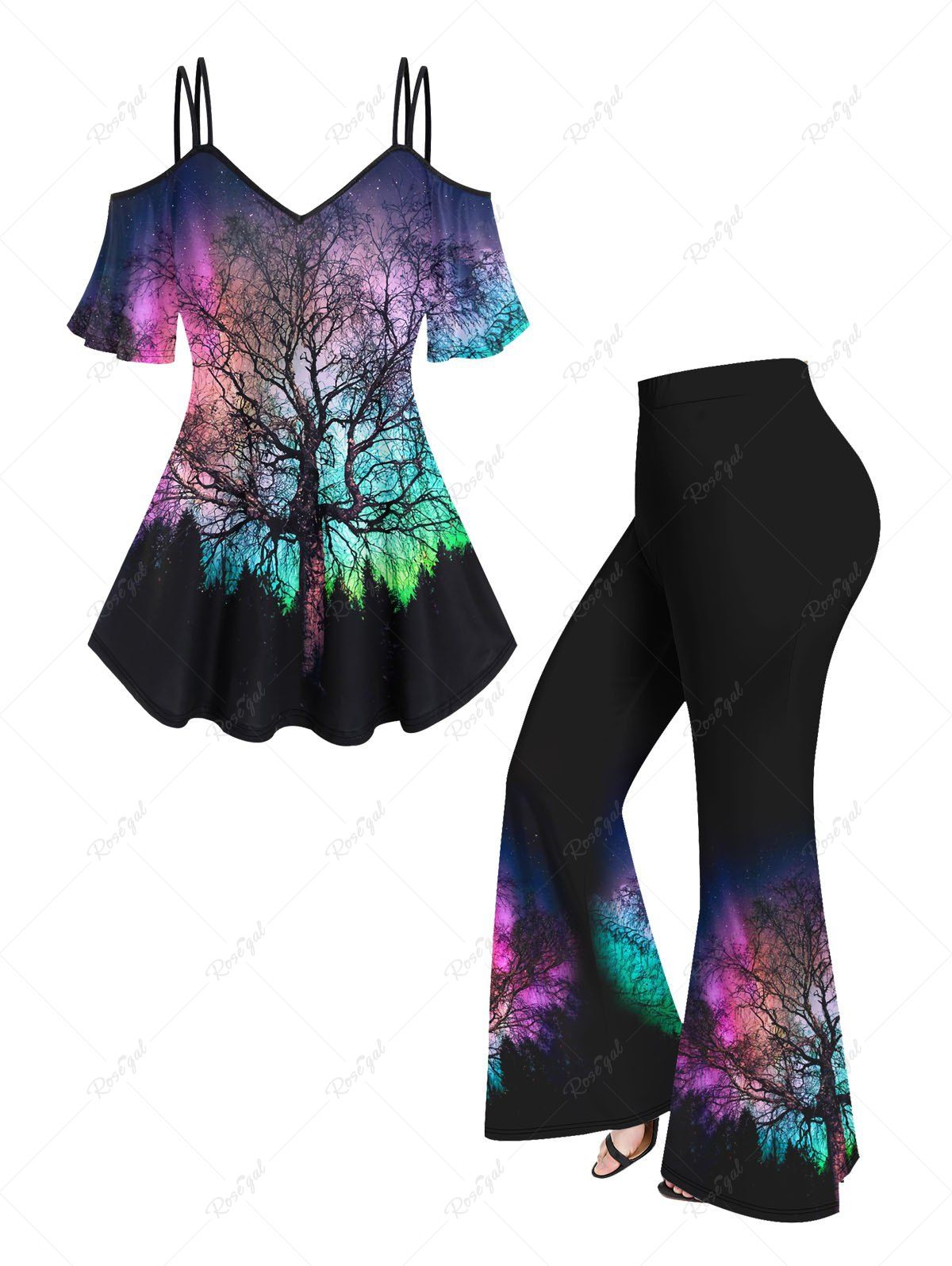 Outfit Ombre Trees Print Cold Shoulder T-shirt and Flare Pants Plus Size Outfits  