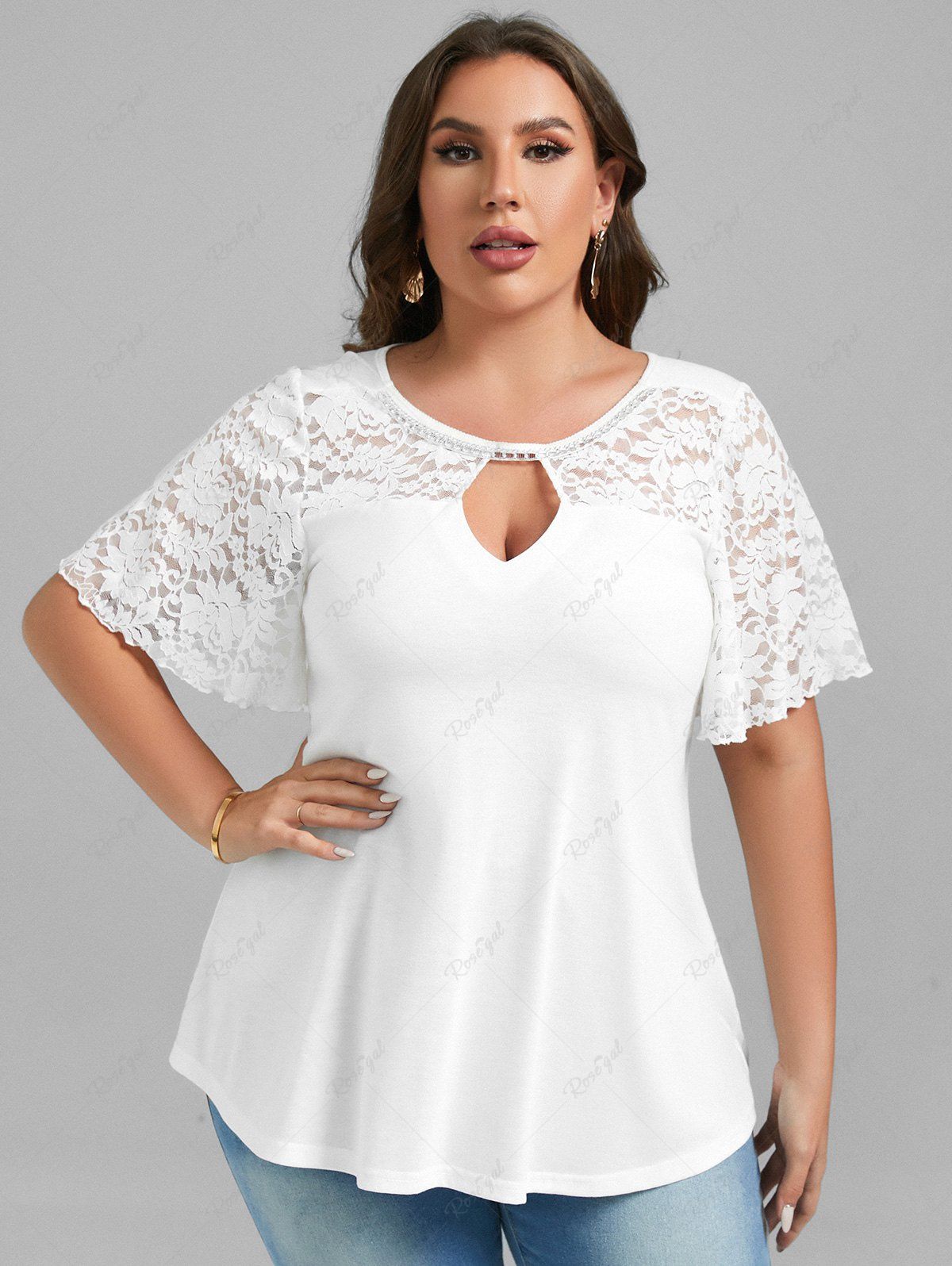 Sale Plus Size Flutter Sleeves  Lace Panel Keyhole Tee  