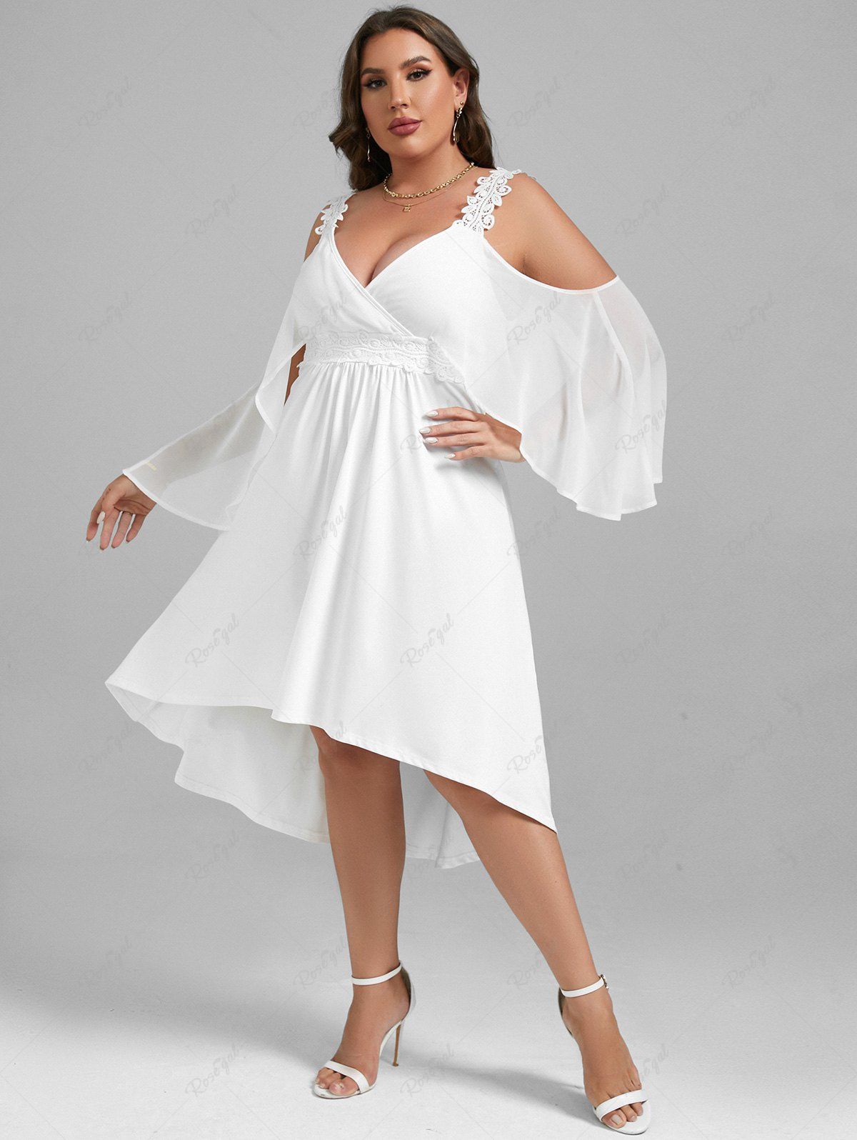 Affordable Plus Size Guipure Lace Panel Cold Shoulder High Low Midi Wedding Dress  