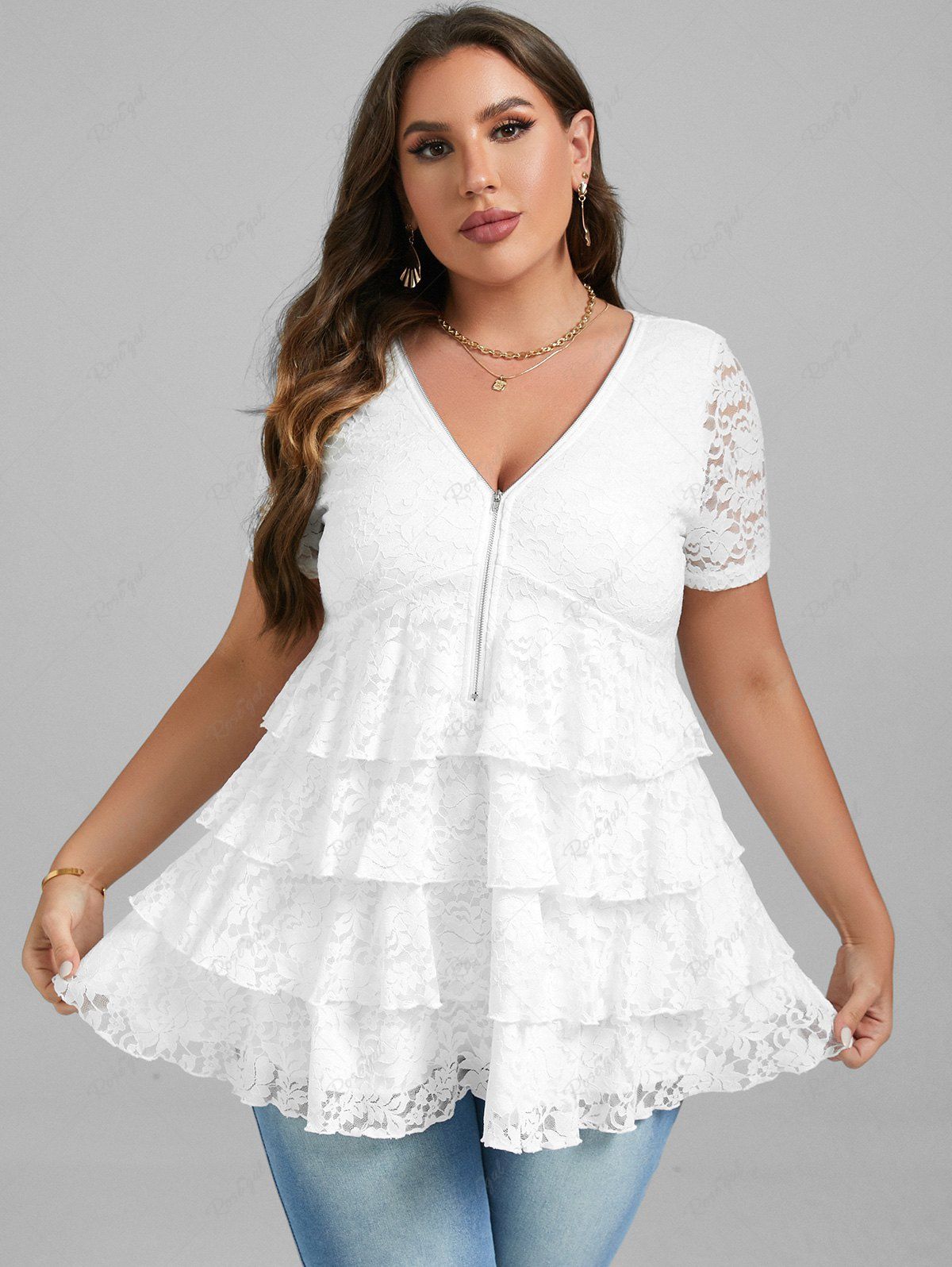 Chic Plus Size Half Zipper Layered Tunic Lace Top  