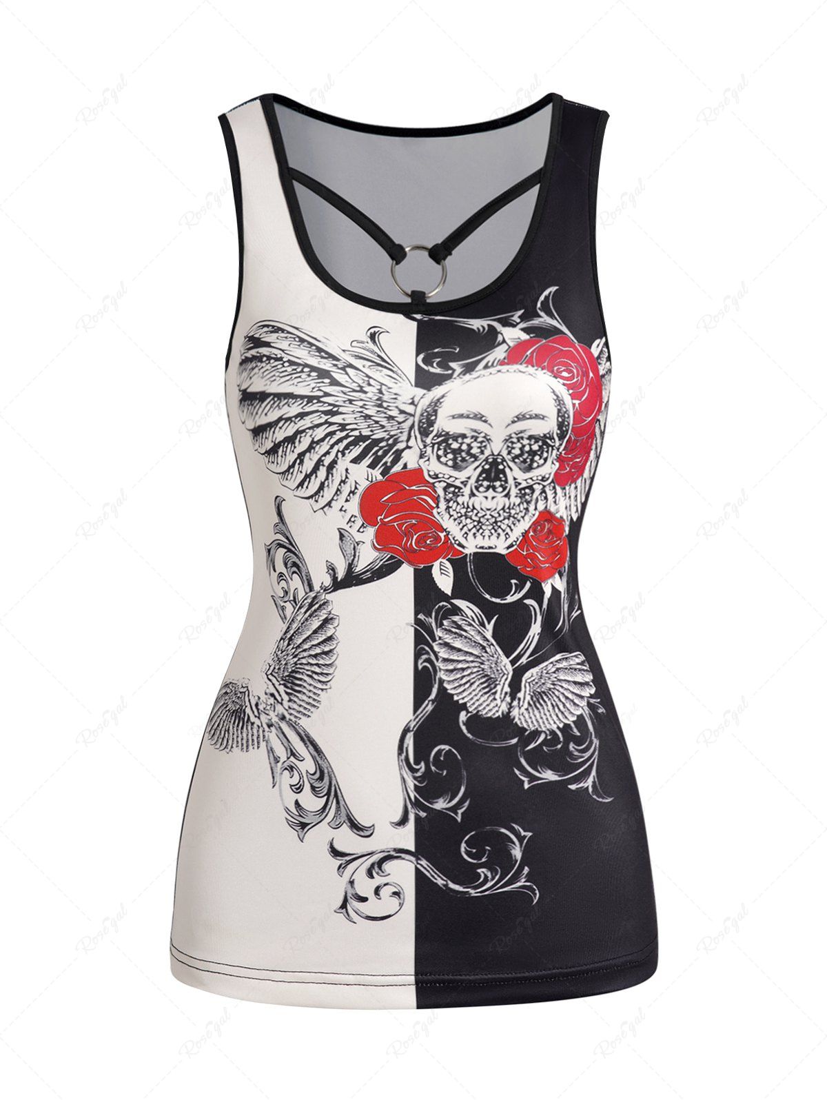 Cheap Flower Skull Wing Print Casual Tank Top  