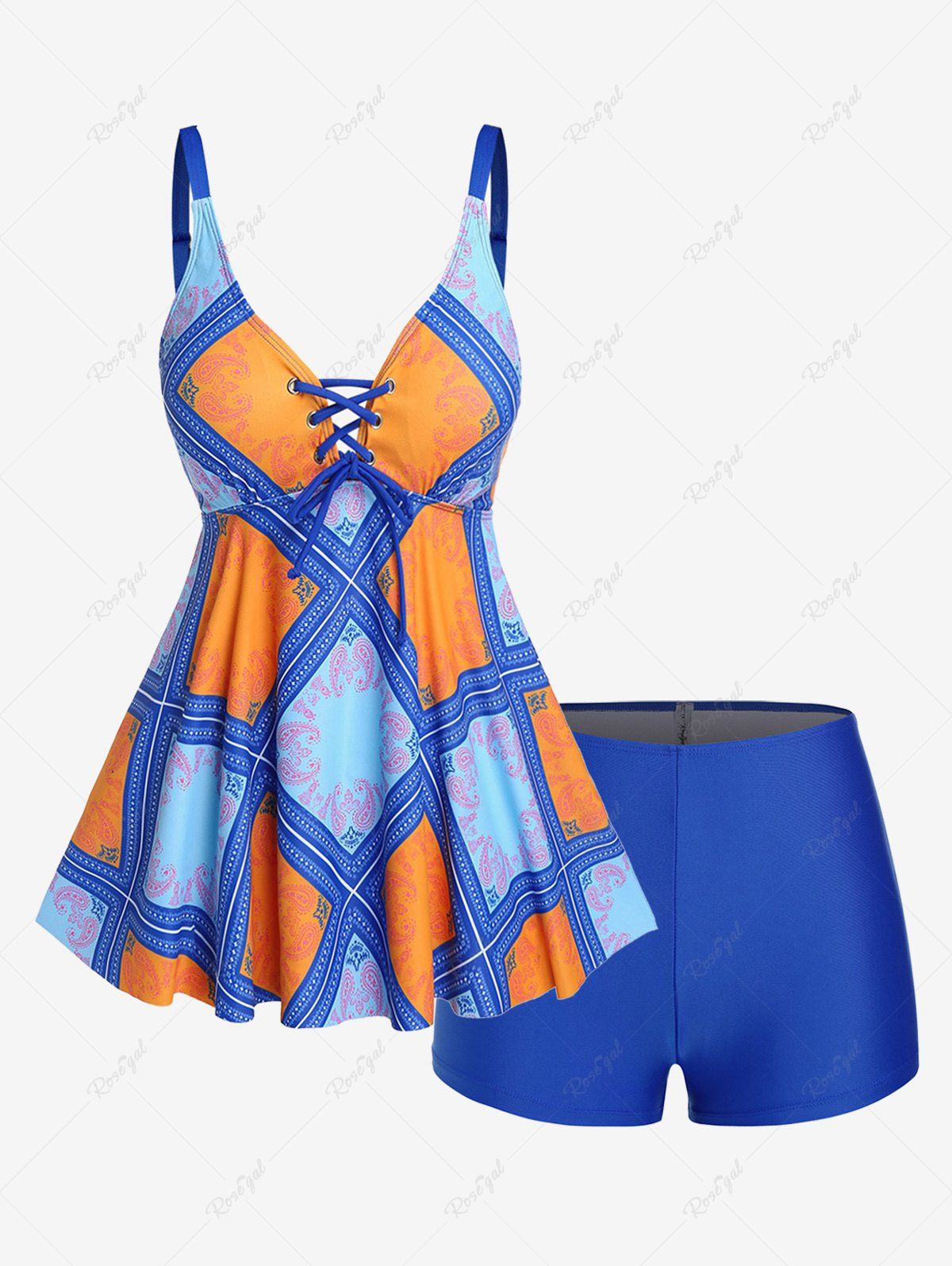 Sale Plus Size Paisley Printed Lace-up Backless Boyleg Tankini Swimsuit  