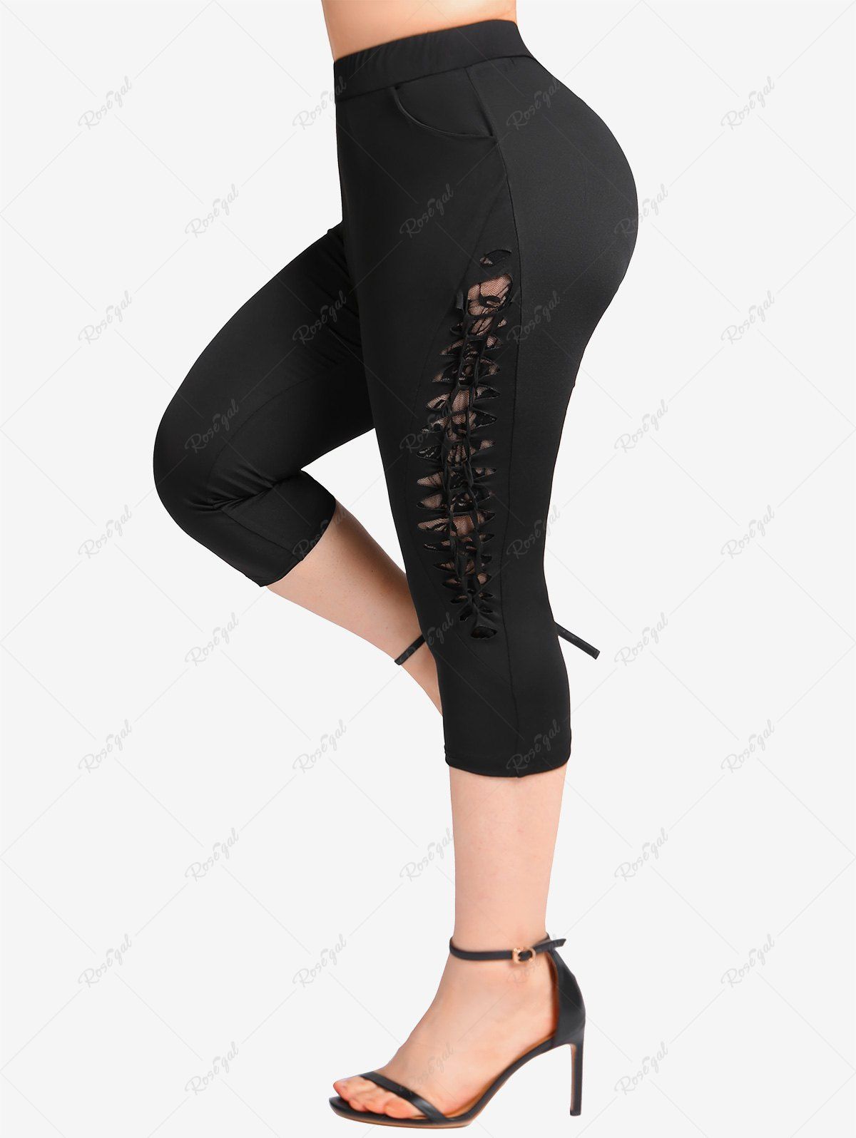 Store Plus Size Pockets Floral Lace Braided Leggings  
