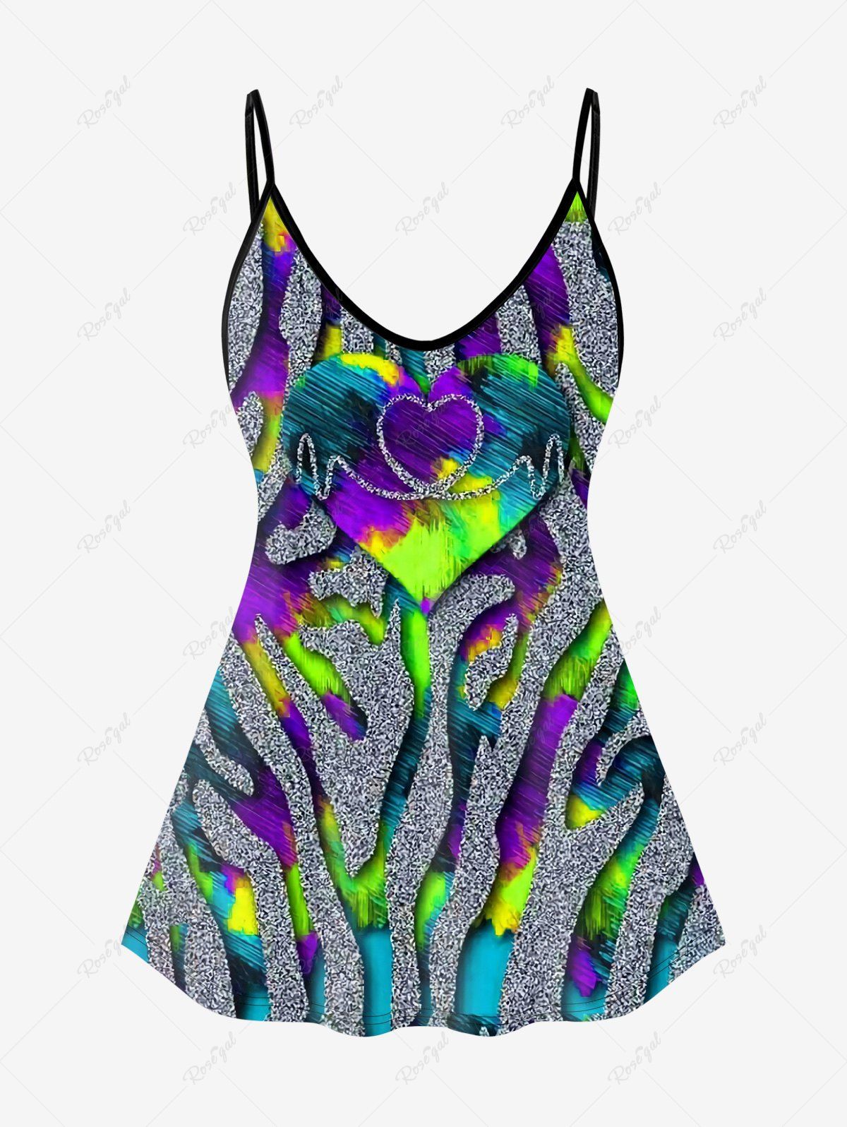 Store Plus Size Rainbow Color Heart Colorblock Print Cami Top (Adjustable Shoulder Strap)  