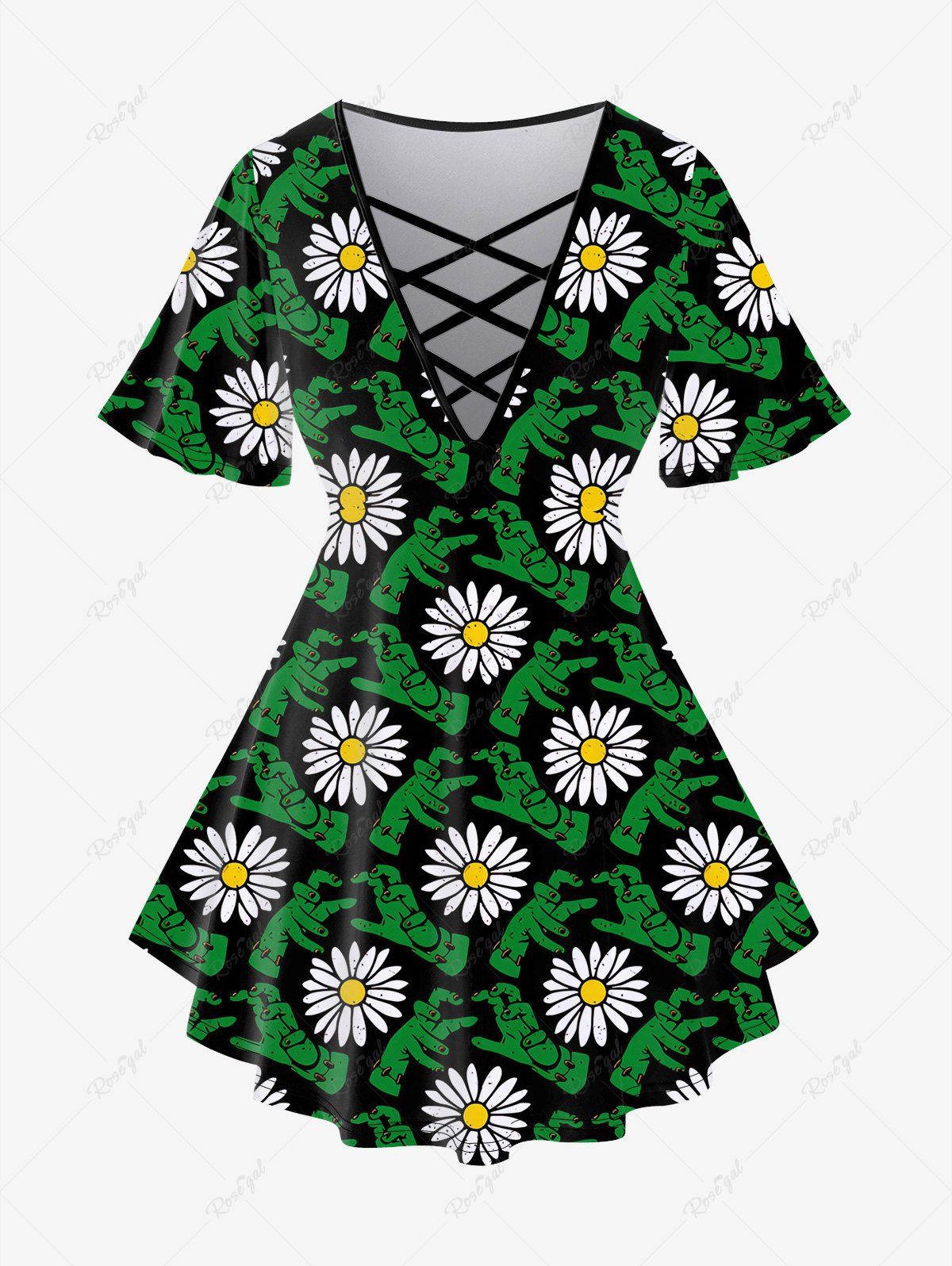Best Gothic Hands Flower Print Crisscross Short Sleeve T-shirt  