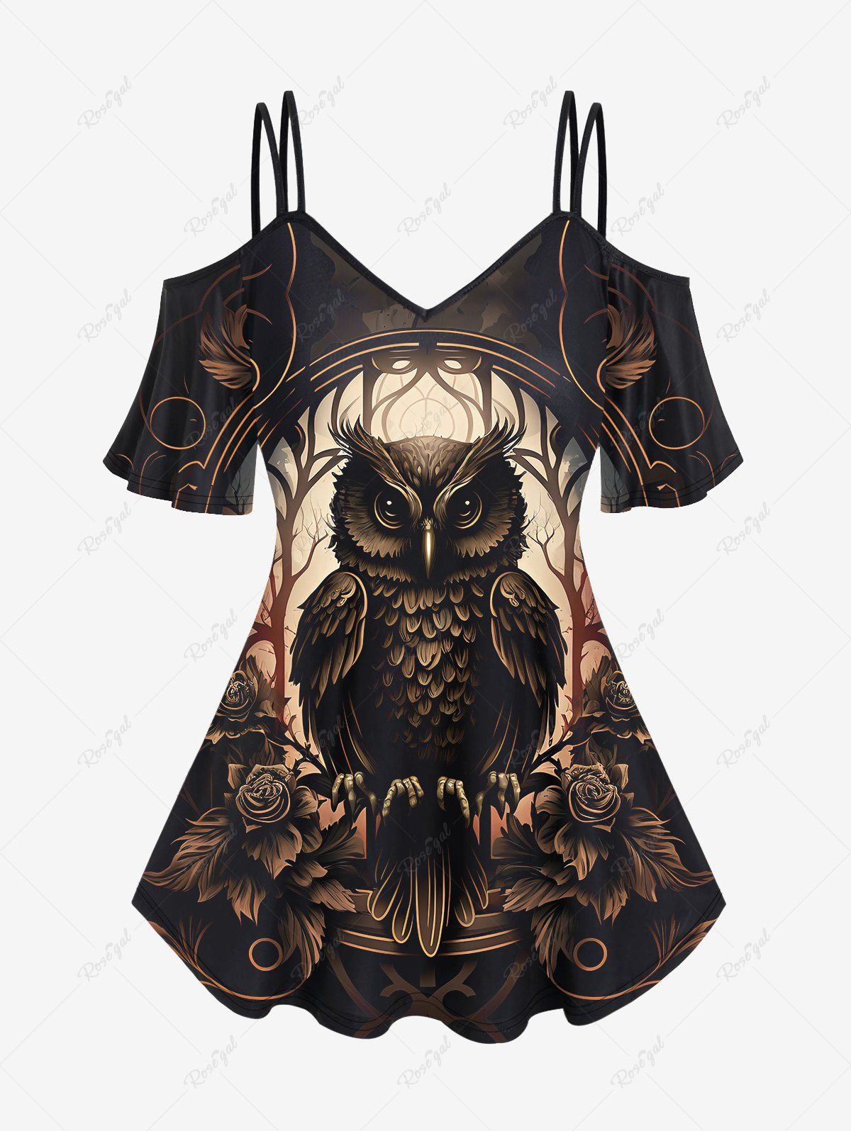T-shirt Gothique Arbre Fleur Hibou Imprimés à Epaule Dénudée Noir 1X | US 14-16