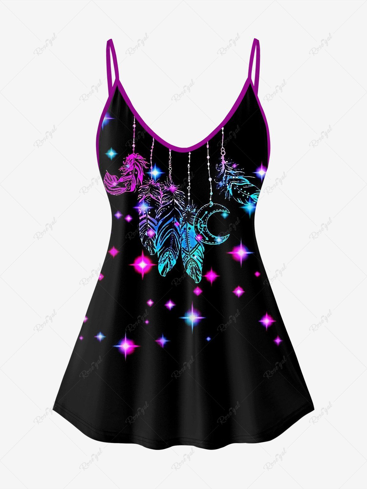 Best Plus Size Glitter Feather Moon Print Cami Top (Adjustable Shoulder Strap)  