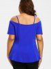 Plus Size V-shape Cutout Solid Cold Shoulder Solid Tee -  