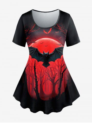 Gothic Tree Bat Sunset Printed Short Sleeve T-shirt and Leaves Bird Printed Flare Pants Outfit
