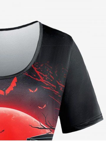 Gothic Tree Bat Sunset Printed Short Sleeve T-shirt and Leaves Bird Printed Flare Pants Outfit