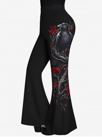 Gothic Tree Bat Sunset Printed Short Sleeve T-shirt and Leaves Bird Printed Flare Pants Outfit