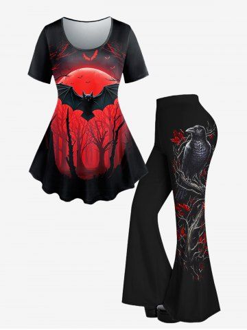 Gothic Tree Bat Sunset Printed Short Sleeve T-shirt and Leaves Bird Printed Flare Pants Outfit