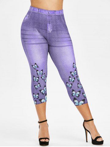 Plus Size 3D Pockets Butterfly Denim Print Capri Jeggings