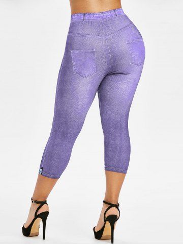 Plus Size 3D Pockets Butterfly Denim Print Capri Jeggings