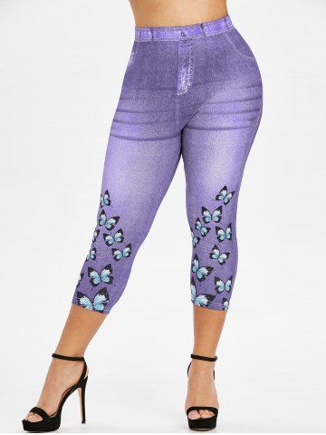 Plus Size 3D Pockets Butterfly Denim Print Capri Jeggings