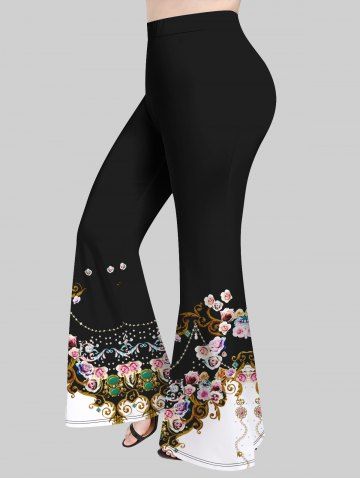 Plus Size Flower Chains Gem Colorblock Print Flare Pants - BLACK - M | US 10