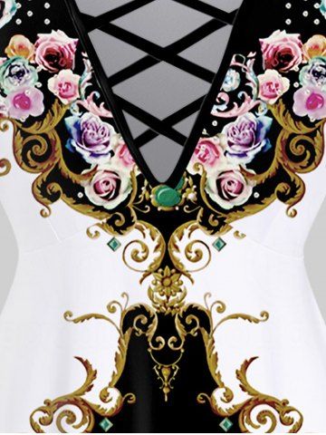 Plus Size Flower Chains Gem Colorblock Print Crisscross Short Sleeve T-shirt