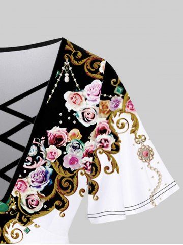 Plus Size Flower Chains Gem Colorblock Print Crisscross Short Sleeve T-shirt