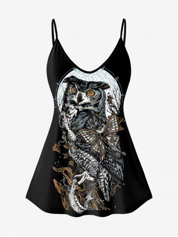 Gothic Butterfly Owl Colorblock Print Cami Top (Adjustable Shoulder Strap) - BLACK - 5X