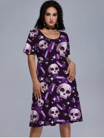 Gothic Skulls Glitter Print Short Sleeve Dress - CONCORD - 5X | US 30-32