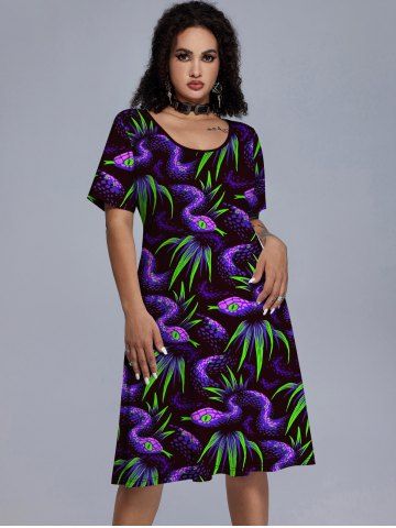Gothic Snake Leaves Print Short Sleeve Dress - BLACK - 5X | US 30-32