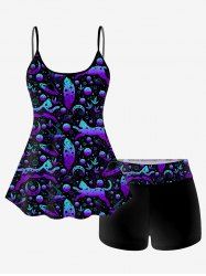 Galaxy Leopard Feather Bird Leaves Print Boyleg Tankini Swimsuit (Adjustable Shoulder Strap) -  