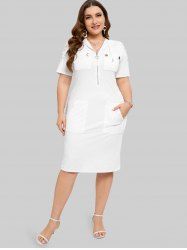 Plus Size Zipper Buttons Pocket Hollow Out Lace Shoulder Hooded Dress -  