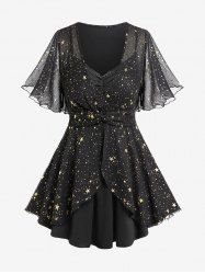 Plus Size Stars Print Twist Ruched Lace Trim Double Layered Butterfly Sleeves T-shirt -  