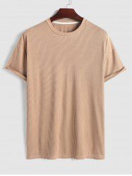 T-shirt Côtelé Texturé en Couleur Unie à Manches Courtes - café XL