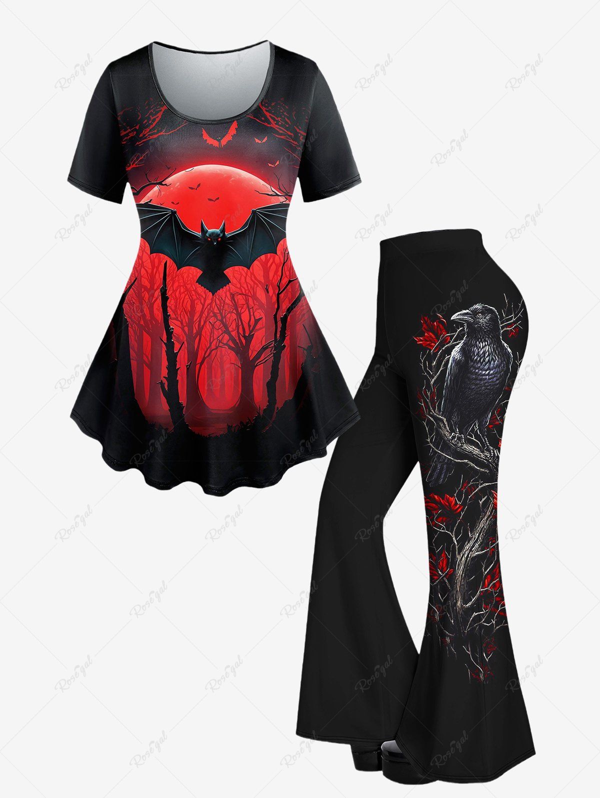 Store Gothic Tree Bat Sunset Printed Short Sleeve T-shirt and Leaves Bird Printed Flare Pants Outfit  